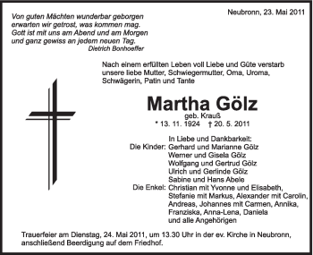 Traueranzeige von Martha Gölz von Schwäbische Post