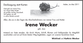 Traueranzeige von Irene Wecker von Schwäbische Post