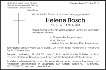 Traueranzeige von Helene Bosch von Schwäbische Post
