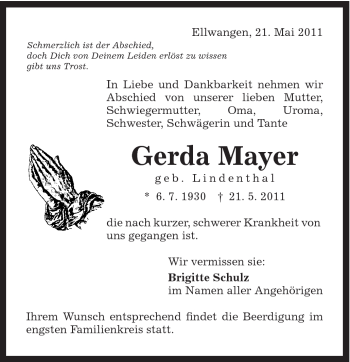 Traueranzeige von Gerda Mayer von Schwäbische Post