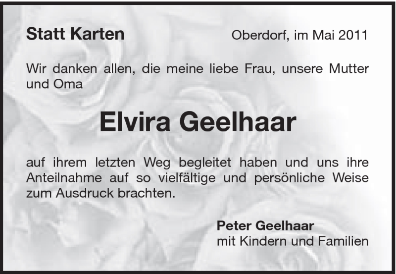  Traueranzeige für Elvira Geelhaar vom 24.05.2011 aus Schwäbische Post