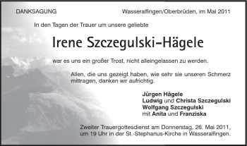 Traueranzeige von Irene Szczegulski-Hägele von Schwäbische Post