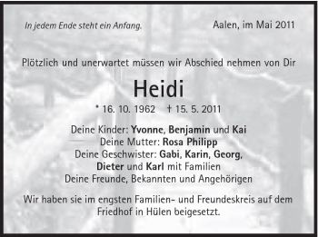 Traueranzeige von Heidi ? von Schwäbische Post