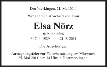 Traueranzeige von Elsa Nörz von Schwäbische Post