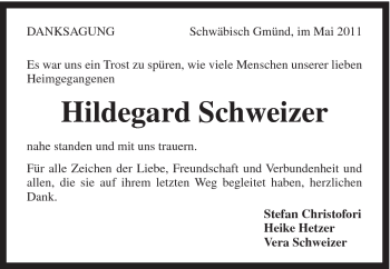 Traueranzeige von Hildegard Schweizer von Gmünder Tagespost