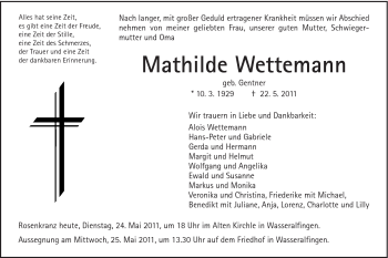 Traueranzeige von Mathilde Wettemann von Schwäbische Post