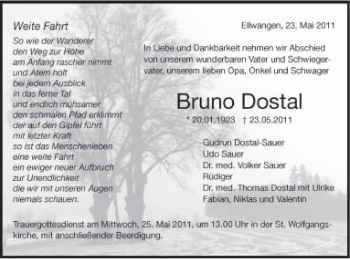 Traueranzeige von Bruno Dostel von Schwäbische Post