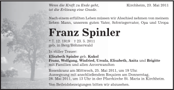 Traueranzeige von Franz Spinler von Schwäbische Post