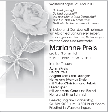 Traueranzeige von Marianne Preis von Schwäbische Post