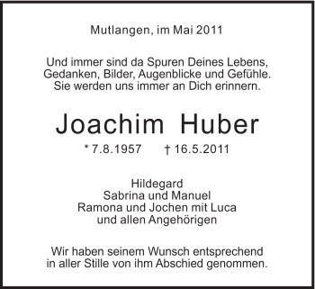 Traueranzeige von Joachim Huber von Gmünder Tagespost
