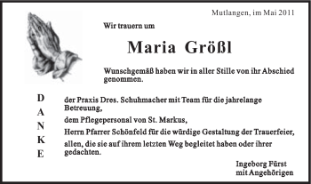 Traueranzeige von Maria Größl von Gmünder Tagespost