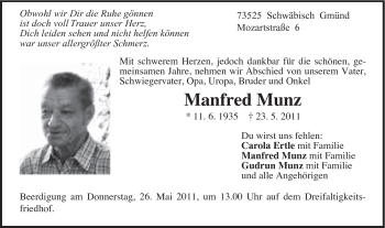 Traueranzeige von Manfred Munz von Gmünder Tagespost