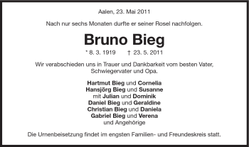 Traueranzeige von Bruno Bieg von Schwäbische Post