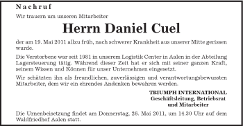 Traueranzeige von Daniel Cuel von Schwäbische Post