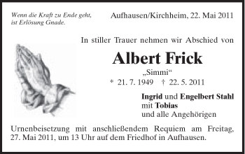 Traueranzeige von Albert Frick von Schwäbische Post