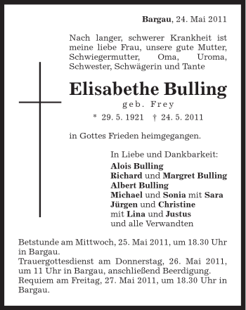 Traueranzeige von Elisabethe Bulling von Gmünder Tagespost