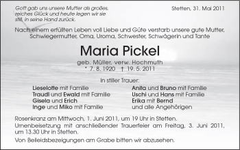 Traueranzeige von Maria Pickel von Schwäbische Post