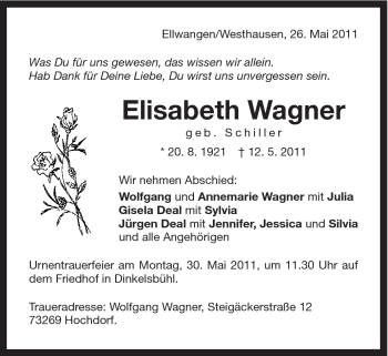 Traueranzeige von Elisabeth Wagner von Schwäbische Post