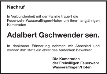 Traueranzeige von Adalbert Gschwender sen. von Schwäbische Post