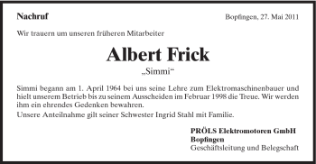 Traueranzeige von Albert Frick von Schwäbische Post