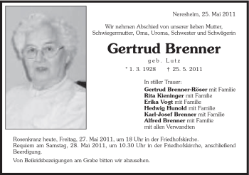 Traueranzeige von Gertrud Brenner von Schwäbische Post