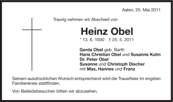Traueranzeige von Heinz Obel von Schwäbische Post