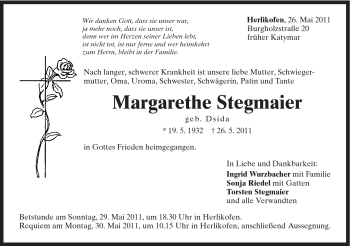 Traueranzeige von Margarethe Stegmaier von Gmünder Tagespost