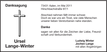 Traueranzeige von Ursel Lange-Winter von Schwäbische Post