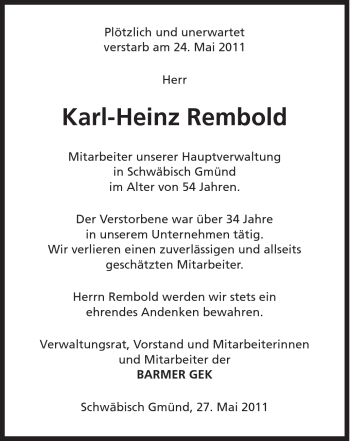 Traueranzeige von Karl-Heinz Rembold von Gmünder Tagespost