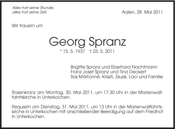 Traueranzeige von Georg Spranz von Schwäbische Post