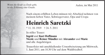 Traueranzeige von Heinrich Saretzki von Schwäbische Post
