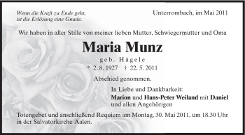 Traueranzeige von Maria Munz von Schwäbische Post
