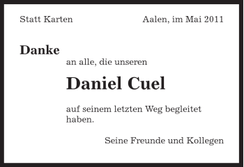 Traueranzeige von Daniel Cuel von Schwäbische Post