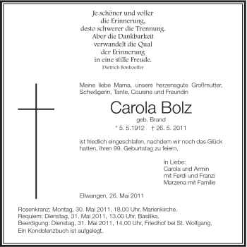 Traueranzeige von Carola Bolz von Schwäbische Post
