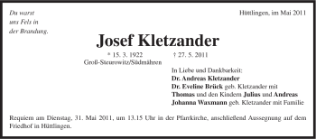 Traueranzeige von Josef Kletzander von Schwäbische Post