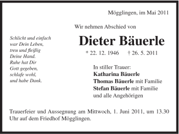 Traueranzeige von Dieter Bäuerle von Gmünder Tagespost