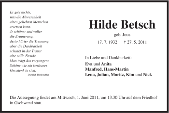 Traueranzeige von Hilde Betsch von Gmünder Tagespost