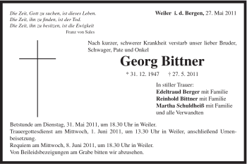 Traueranzeige von Georg Bittner von Gmünder Tagespost