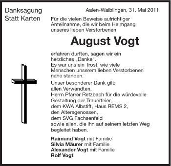 Traueranzeige von August Vogt von Schwäbische Post