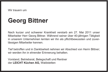 Traueranzeige von Georg Bittner von Gmünder Tagespost