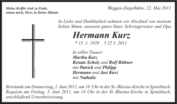 Traueranzeige von Hermann Kurz von Gmünder Tagespost