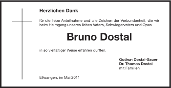 Traueranzeige von Bruno Dostal von Schwäbische Post