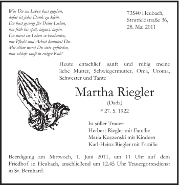 Traueranzeige von Martha (Dada) Riegler von Gmünder Tagespost