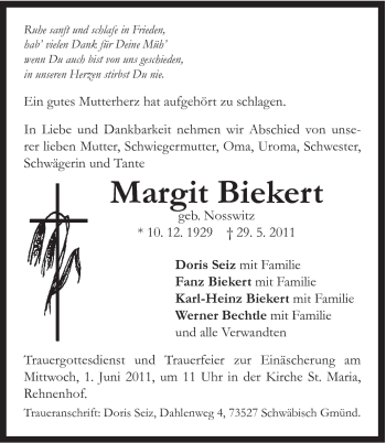 Traueranzeige von Margit Biekert von Gmünder Tagespost