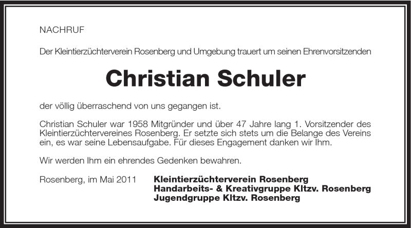  Traueranzeige für Christian Schuler vom 02.05.2011 aus Schwäbische Post