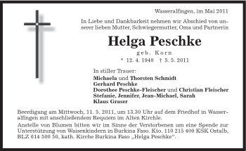 Traueranzeige von Helga Peschke von Schwäbische Post