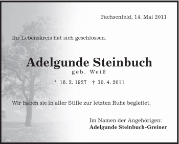 Traueranzeige von Adelgunde Steinbuch von Schwäbische Post