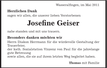 Traueranzeige von Josefine Geiser von Schwäbische Post