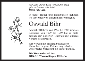 Traueranzeige von Oswald Bihr von Schwäbische Post