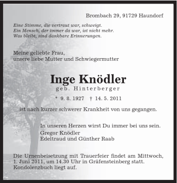 Traueranzeige von Inge Knödler von Schwäbische Post